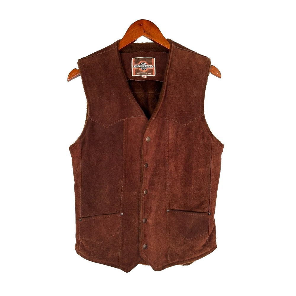 Pioneer Wear Leather Suede Men's‎ Vest Size 36 Brown Sherpa Lined Western Cowboy